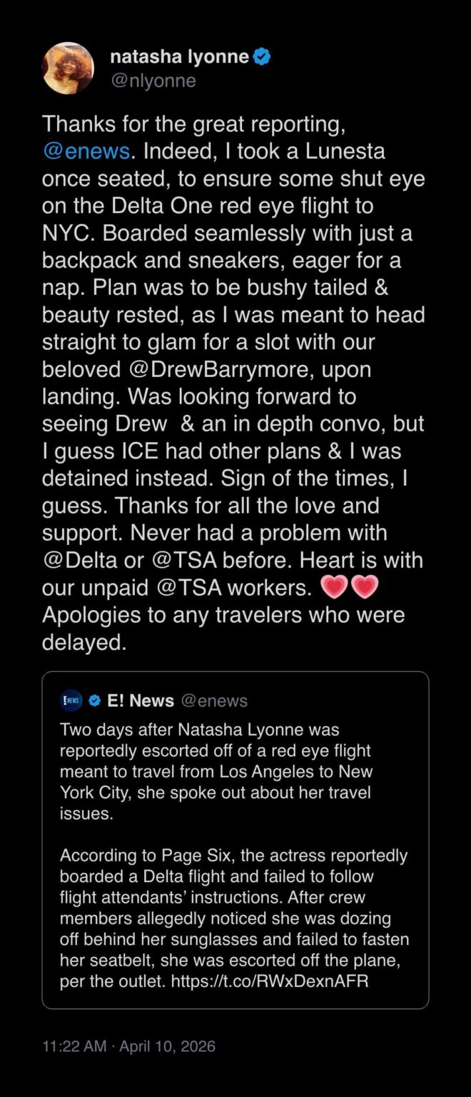 Natasha Lyonne's statement about the recent flight incident