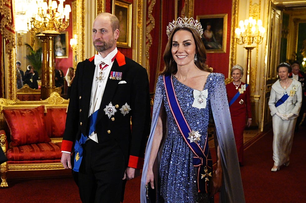 windsor, england december 03: william, prince of wales and catherine, princess of wales arrive ahead the state banquet for the german president frank walter steinmeier and his wife elke budenbender, on day one of their state visit to the uk, at windsor castle on december 3, 2025 in windsor, england. the president of the federal republic of germany, accompanied by ms. elke büdenbender, are paying a state visit to the united kingdom as the guests of their majesties the king and queen. the visit is the first from germany in 27 years and will be marked with ceremonial visits, an address to the uk parliament and a banquet. (photo by aaron chown pool/getty images)