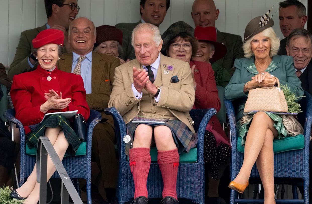 Princess Anne, King Charles and Queen Camilla at the Braemar Gathering in Braemar, Scotland on Sept. 2, 2023.Credit: Mark Cuthbert/UK Press via Getty