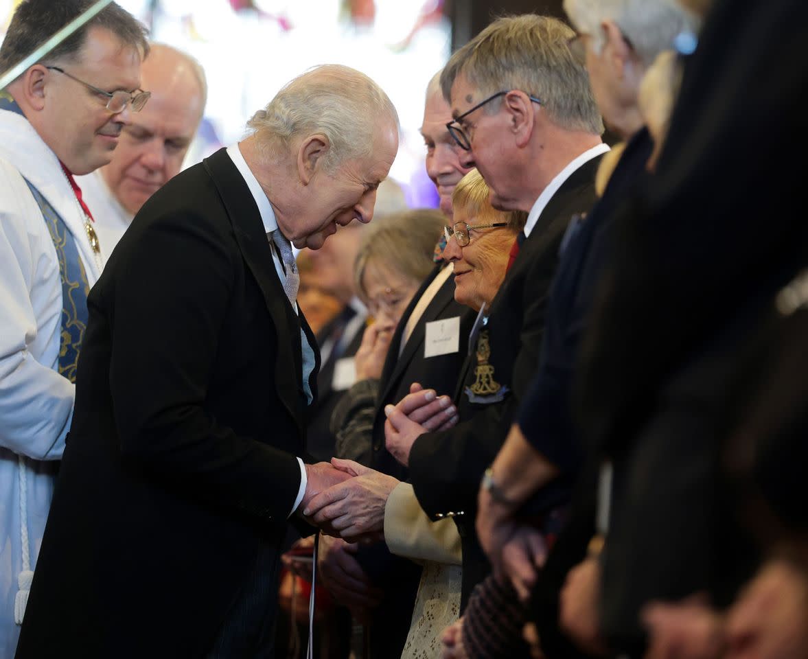 King Charles shakes hands with some of the Maundy recipients at the Royal Maundy Service at St Asaph Cathedral on April 2, 2026.Credit: Chris Jackson/Getty