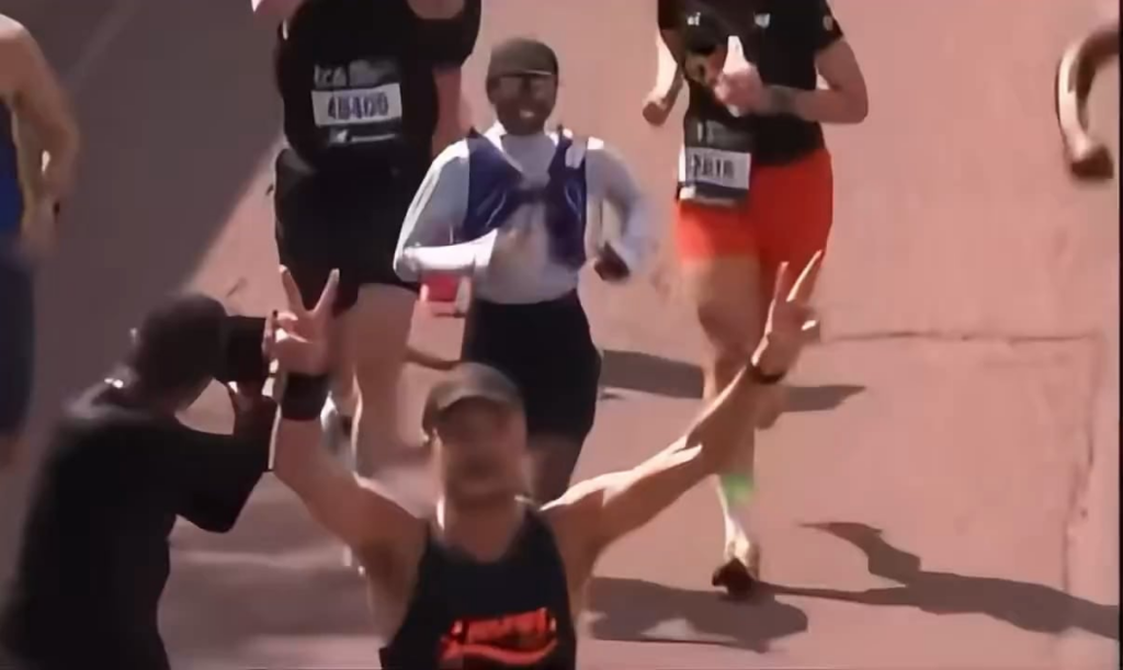 Cynthia Erivo crosses the finish line of the London Marathon while Defying Gravity plays. She finished the marathon in 3 hours, 21 minutes and 40 seconds.