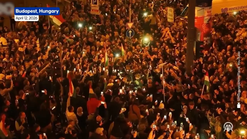 Hungary’s new Prime Minister Peter Magyar, who ousted Viktor Orban after 16 years in power, walks and thanks supporters before his victory speech to My Way by Frank Sinatra