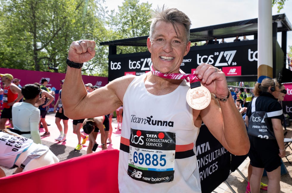 tv personality, ben shepherd poses with his medal at the finish line on the mall during the tcs london marathon on sunday 26th april 2026. photo: andrew baker for london marathon events for further information: media@londonmarathonevents.co.uk