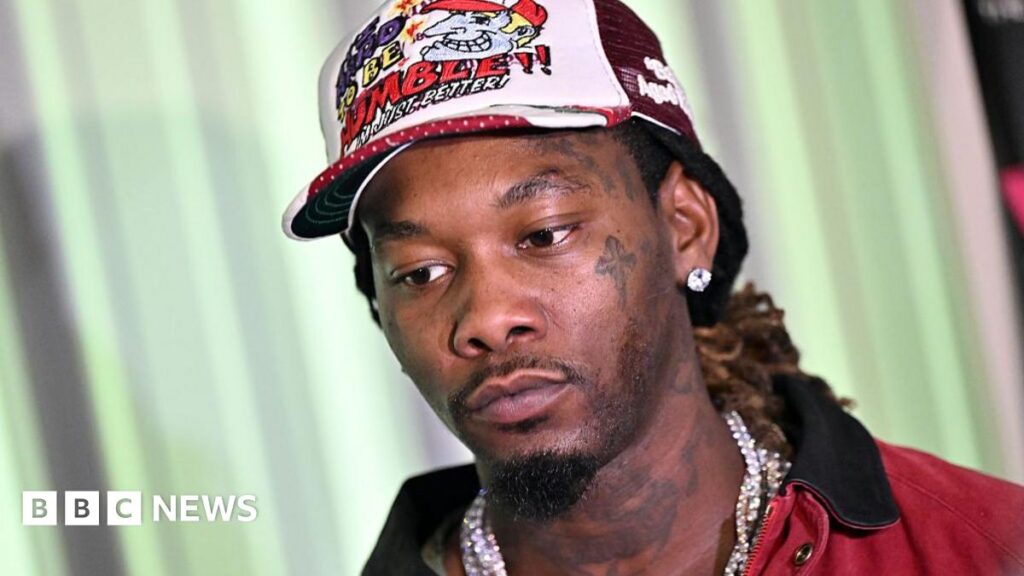 Offset: Former Migos rapper shot in Florida – reports A footer logo for BBC Newsbeat. It has the BBC logo and the word Newsbeat in white over a colorful background of violet, purple and orange shapes. At the bottom a black square reading "Listen on Sounds" is visible.