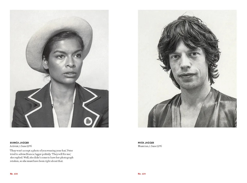 Side-by-side black-and-white passport portraits of Bianca Jagger, wearing a wide-brimmed white hat, and Mick Jagger in a satin shirt, both photographed on the same day in June 1976.