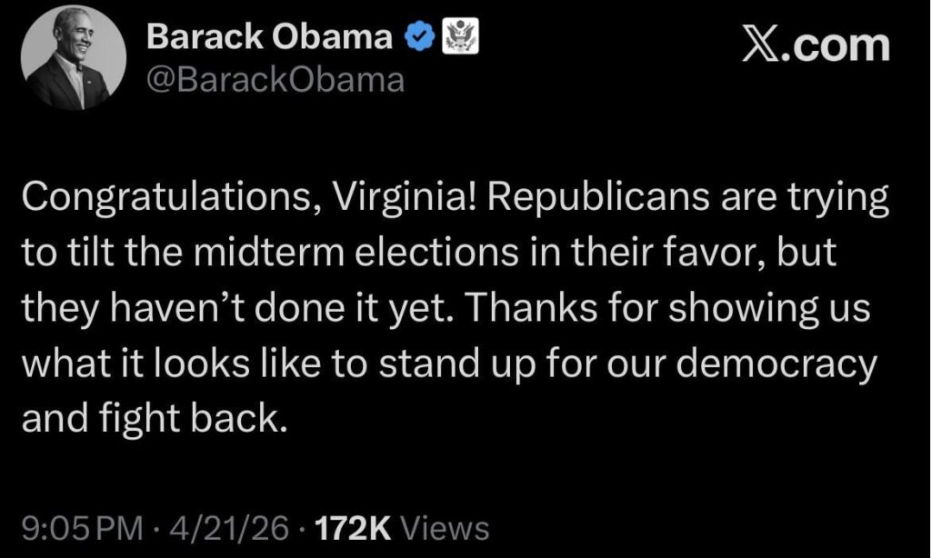 Barack Obama congratulated Virginia Voters after the state’s redistricting referendum has passed.