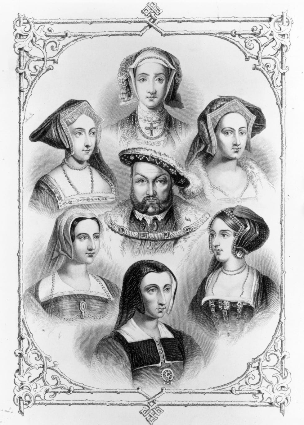circa 1530, henry viii surrounded by his six wives, clockwise from top, anne of cleves, catherine howard, anne boleyn, catherine of aragon, catherine parr and jane seymour. (photo by hulton archive/getty images)