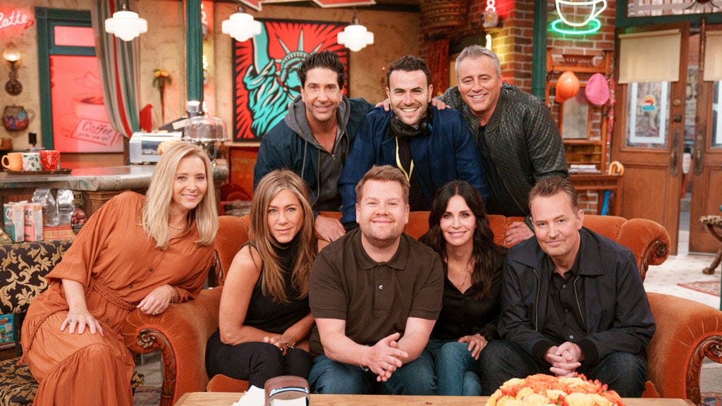los angeles april 7 lisa kudrow, jennifer aniston, courtney cox, david schwimmer, matt leblanc, and matthew perry join james corden for a friends reunion special during the late late show with james corden pictured with ben winston photo by terence patrickcbs via getty images