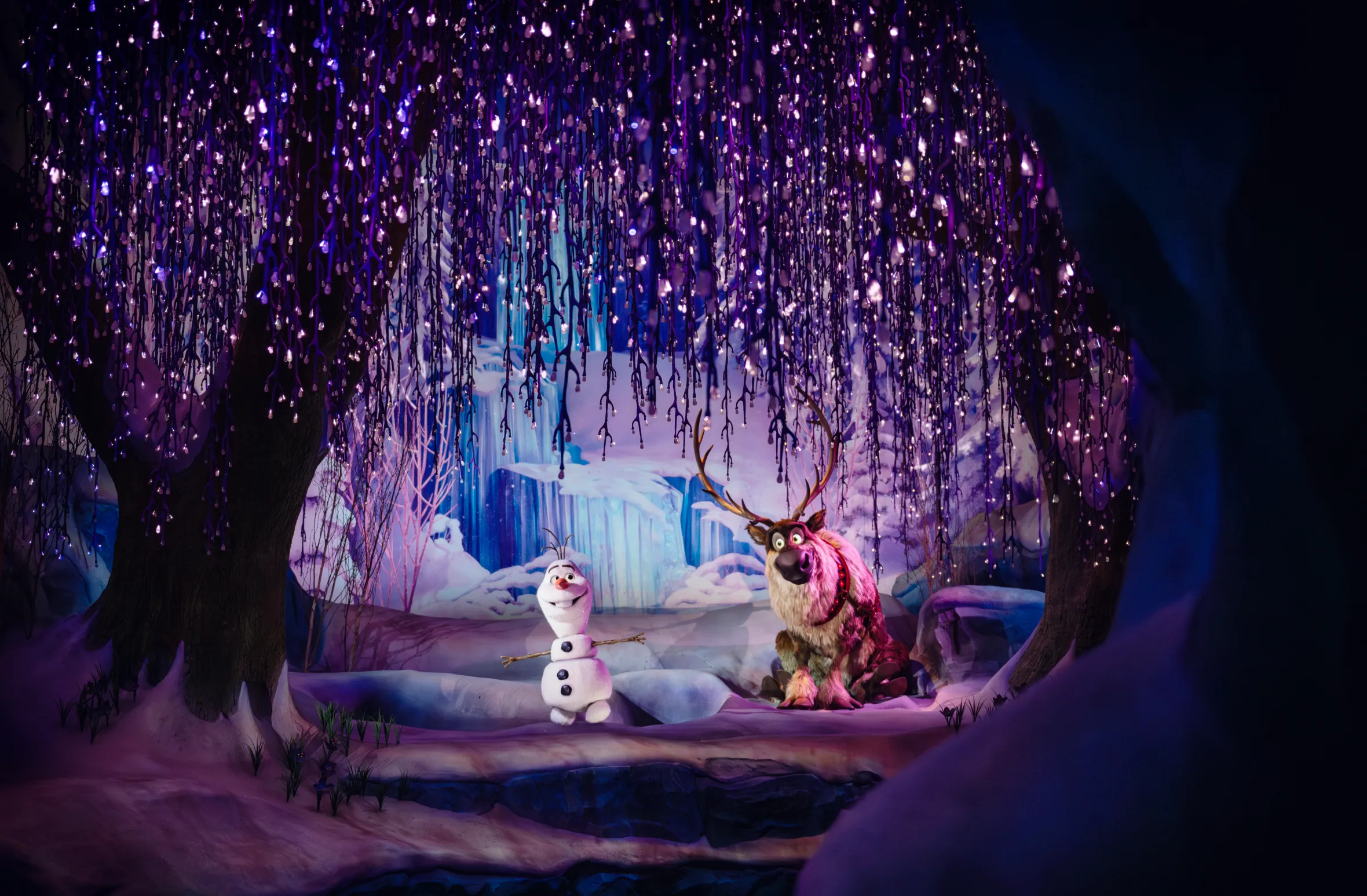 Olaf and Sven Audio-Animatronics in the Frozen Ever After attraction at Disney Adventure World, Disneyland Paris, France.