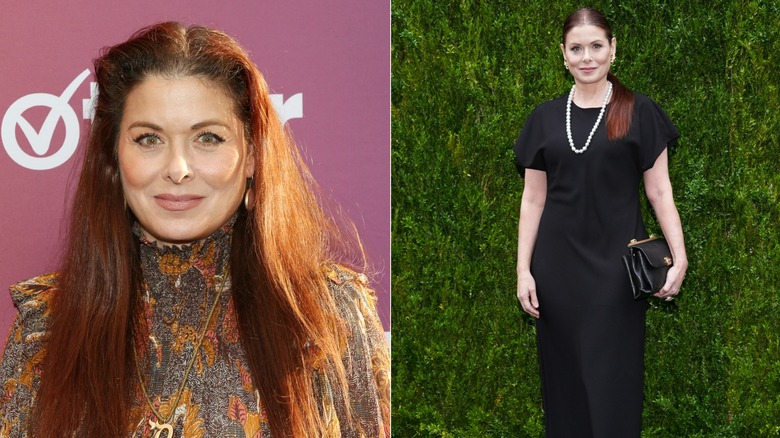 A close-up of Debra Messing and a photo of her posing in a black dress