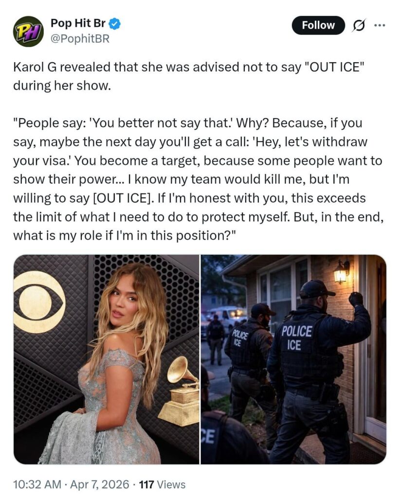 Karol G says she was warned not to speak on ICE in order to keep her visa: 'My team would kill me but I'm willing to say it.'