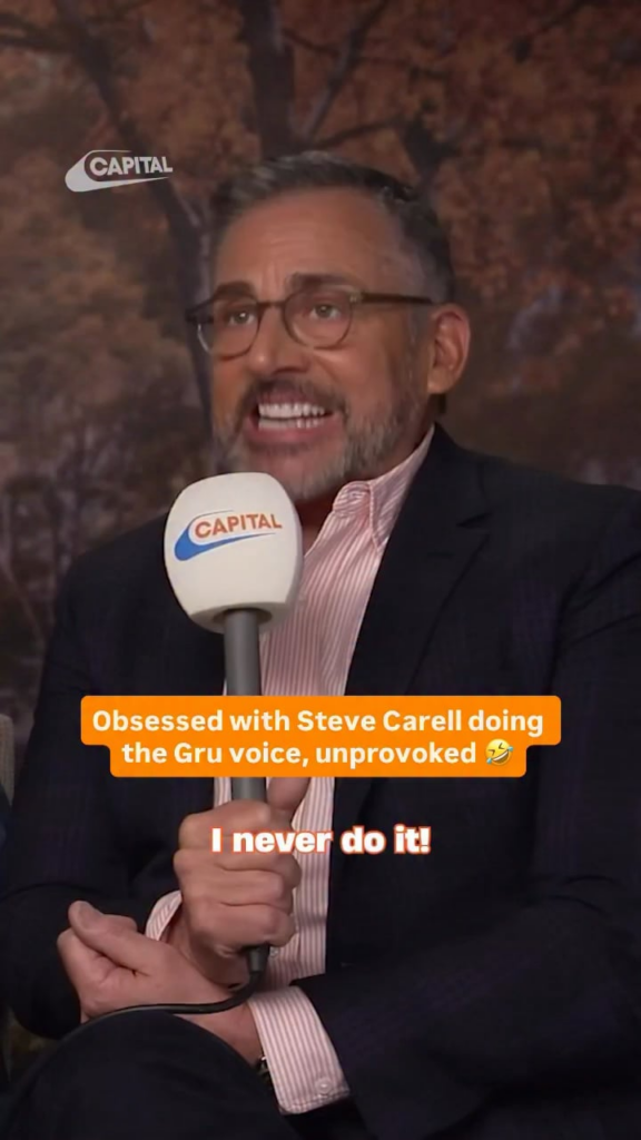 Steve Carell doing his Gru voice, unprovoked, and yes, sometimes his friends ask him to do the voice for their kids