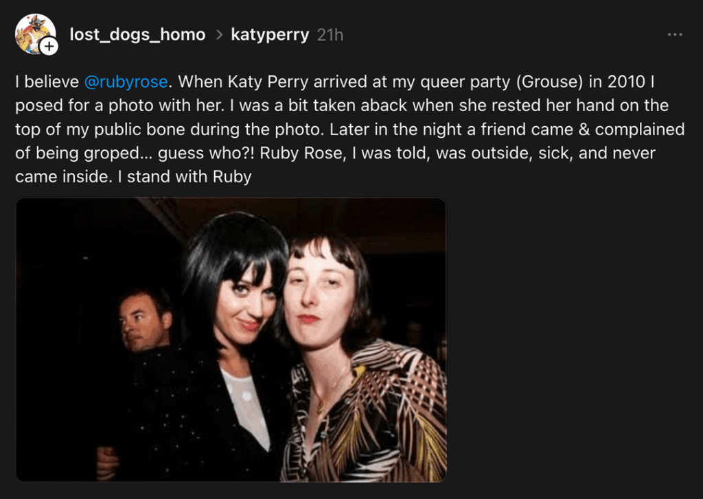 Another person speaks about being sexually assaulted by Katy Perry
