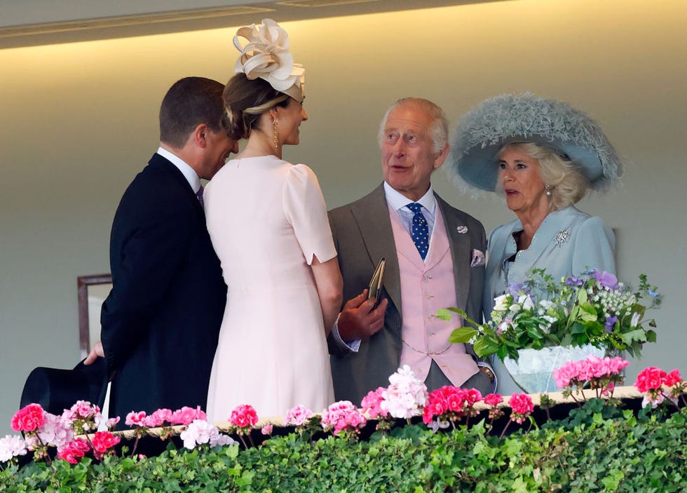 ascot, united kingdom june 21: (embargoed for publication in uk newspapers until 24 hours after create date and time) peter phillips, harriet sperling, king charles iii and queen camilla watch the racing from the royal box as they attend day four of royal ascot 2024 at ascot racecourse on june 21, 2024 in ascot, england. (photo by max mumby/indigo/getty images)