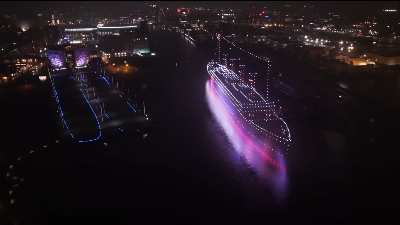 1:1 scale recreation of the Titanic leaving Belfast docks using 1000 drones