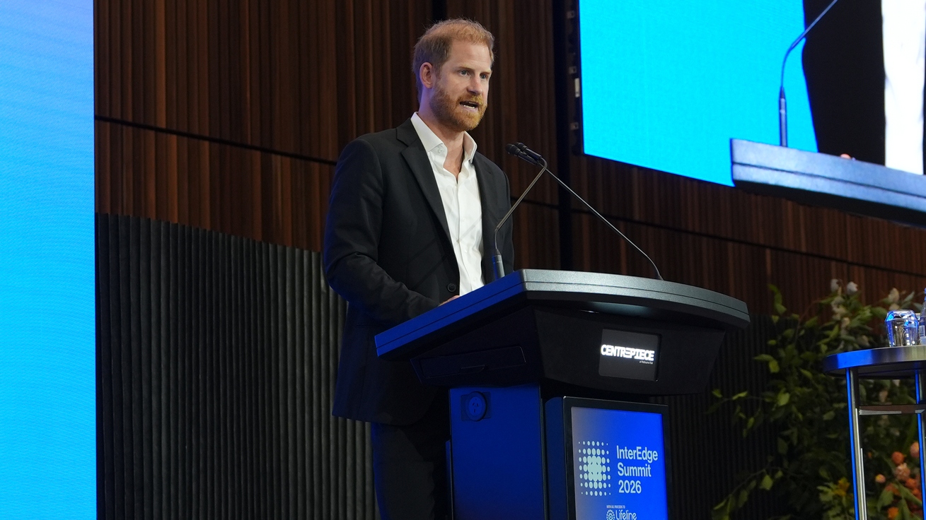 Prince Harry, Duke of Sussex delivers a keynote speech at the InterEdge Summit on day three of the royal trip at Centrepiece in Melbourne Park on April 16, 2026