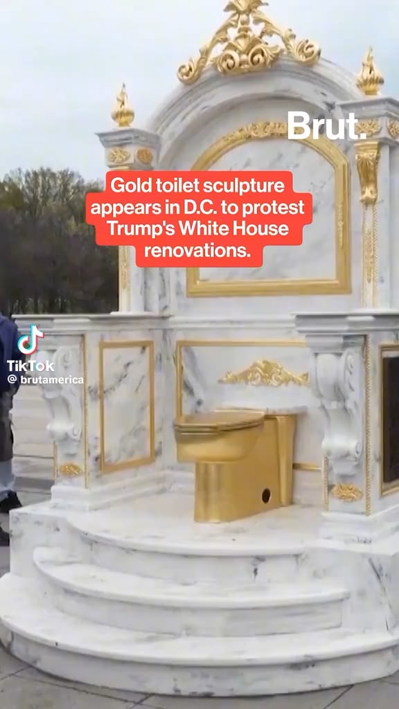 A gold toilet sculpture appears in D.C. to protest Trump's White House renovations. The installation is the latest from the activist group Secret Handshake.