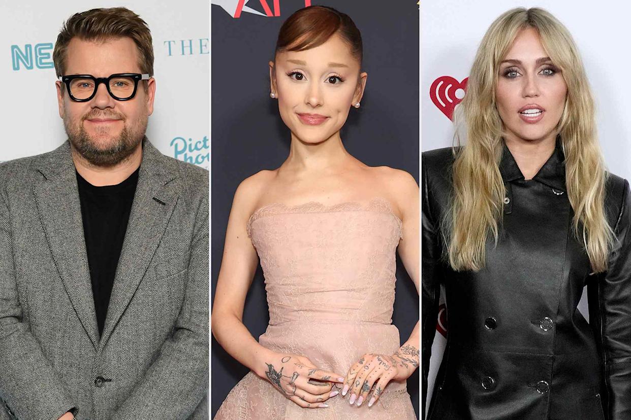 James Corden; Ariana Grande; Miley Cyrus.Credit: Karwai Tang/WireImage; Monica Schipper/Getty; Jeff Kravitz/FilmMagic