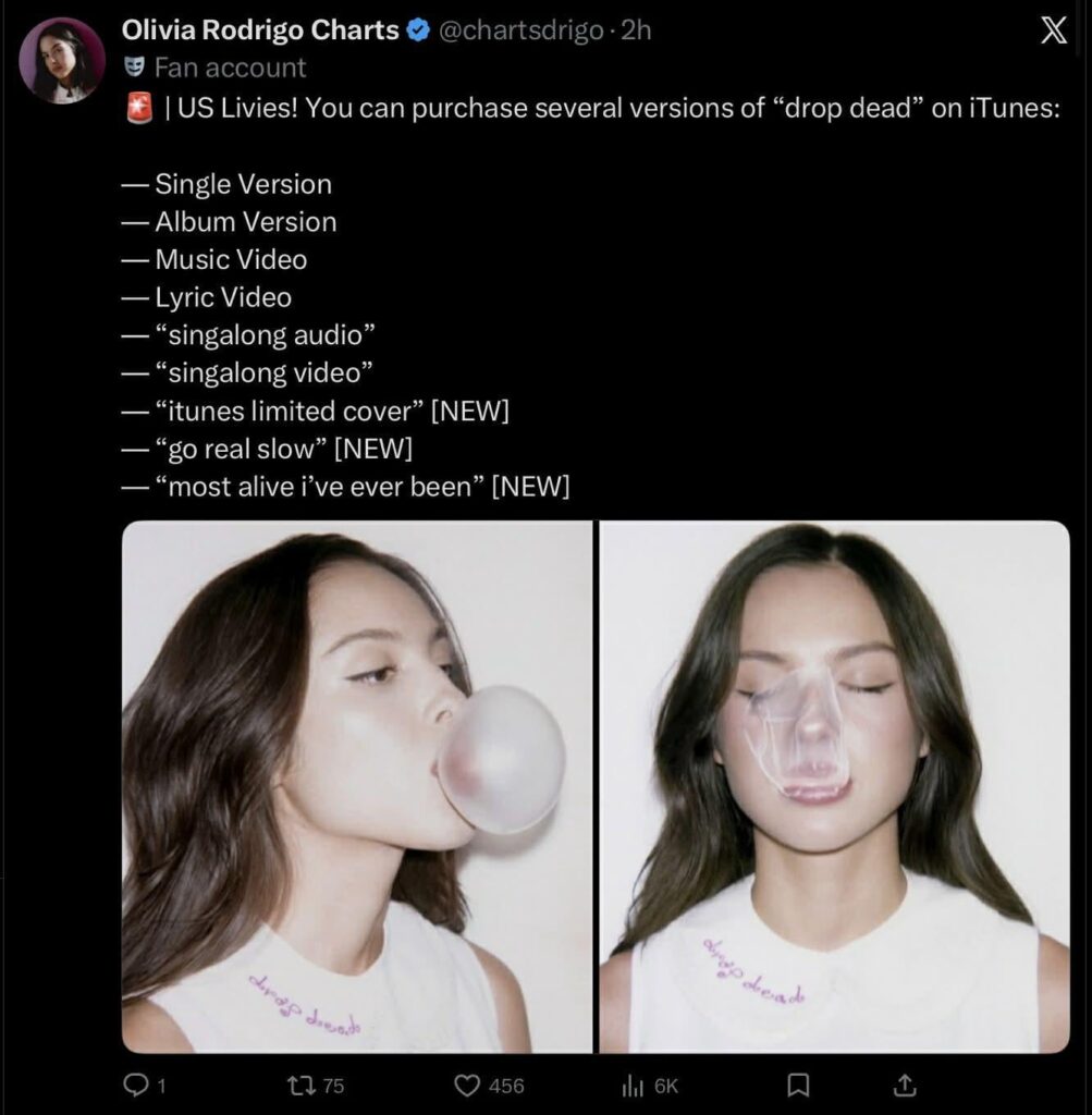 There are now 9 digital versions of Olivia Rodrigo’s “drop dead” available to purchase