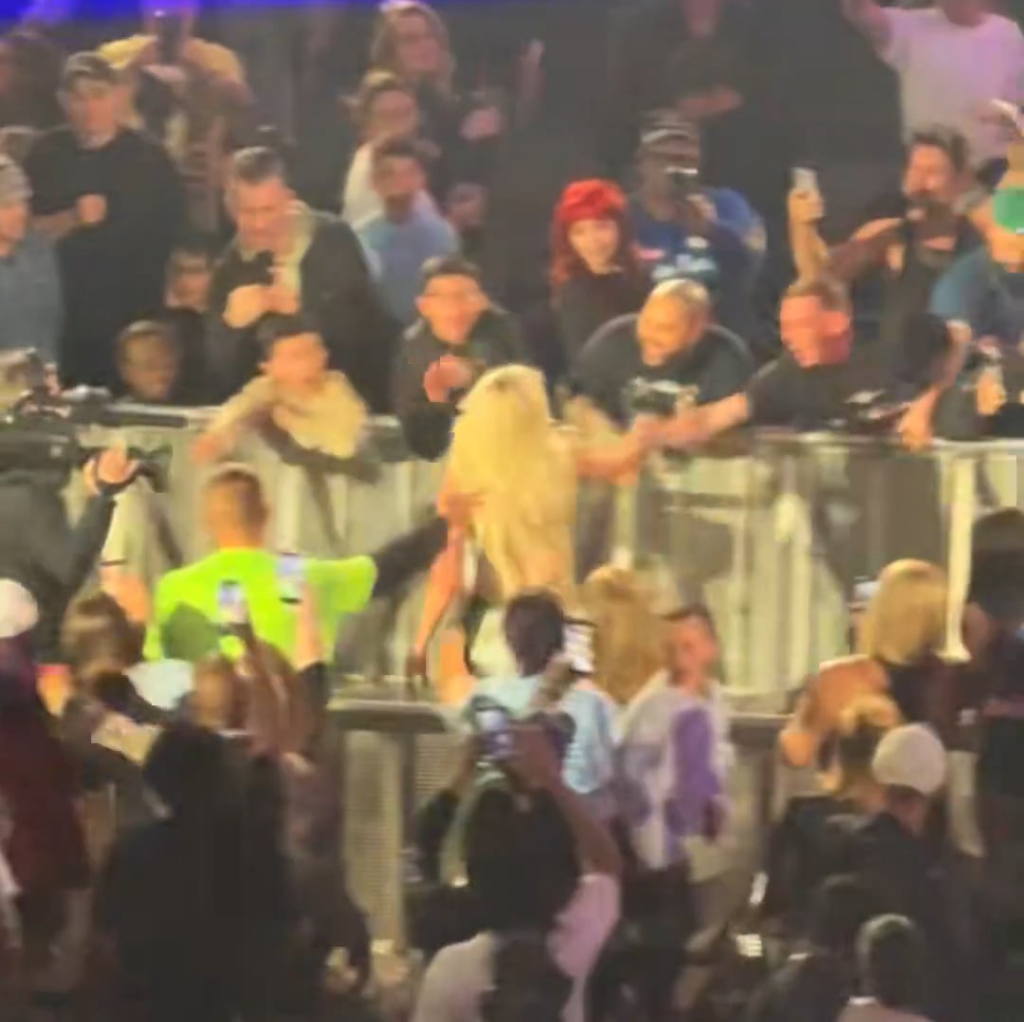 A man in the audience grabs wrestler Liv Morgan on her way to the ring