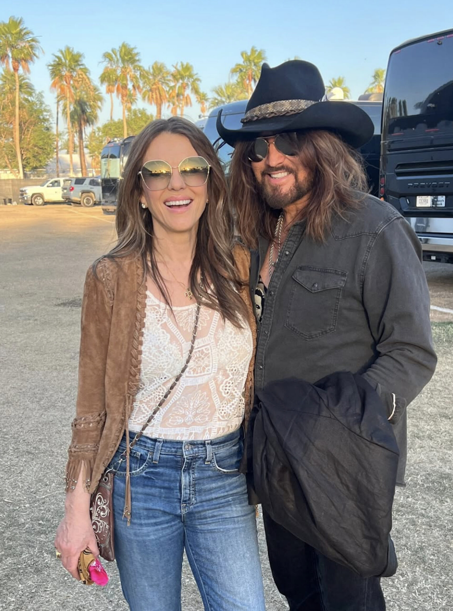Elizabeth Hurley and Billy Ray Cyrus at Stagecoach 2026