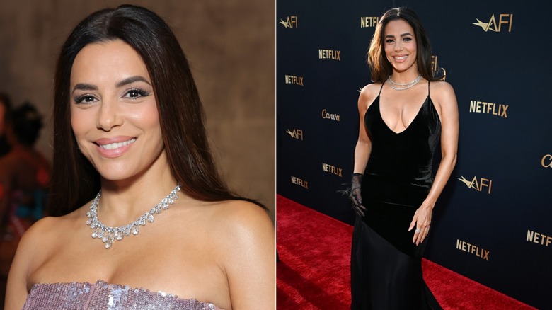 A close-up of Eva Longoria smiling and a photo of her posing at a red carpet