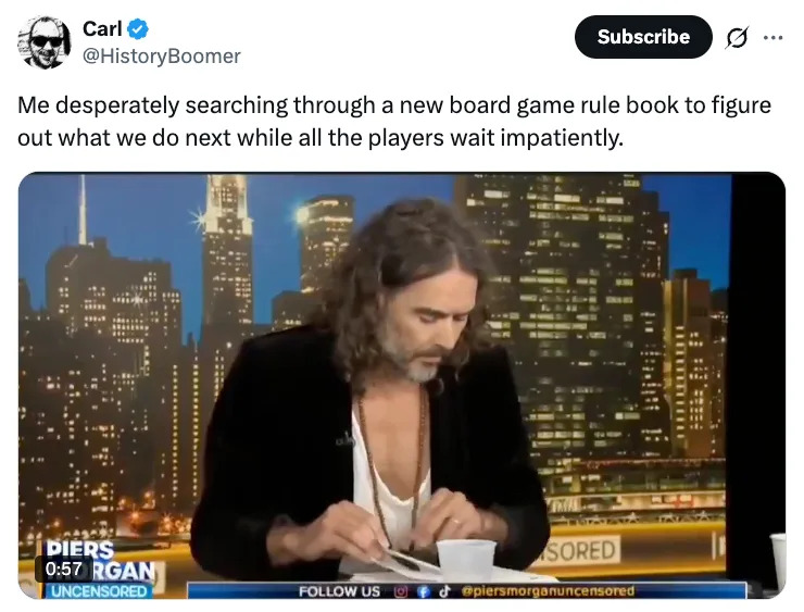 Person intently reading on a news set with cityscape backdrop; social media post caption added humorously compares to board game rules
