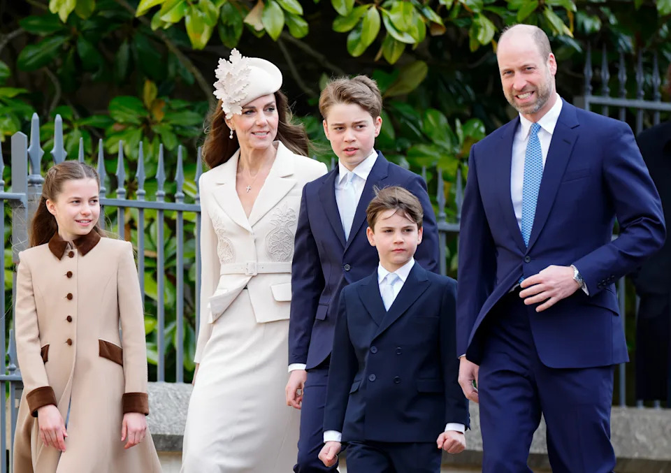 Princess Kate, Prince William, Princess Charlotte, Prince Louis and George walking to church on Easter