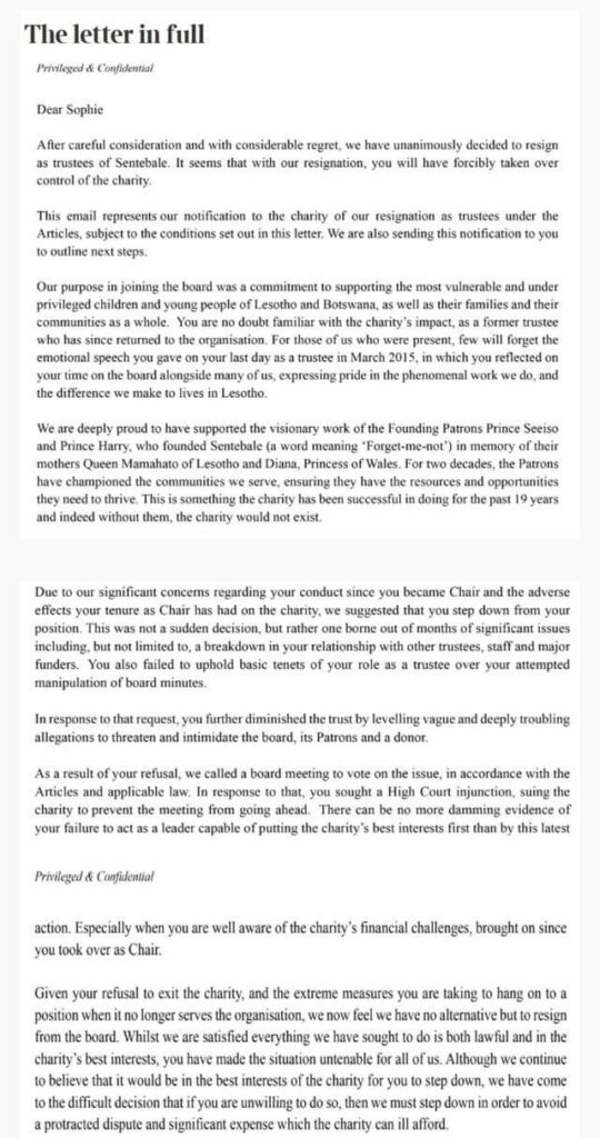 The Times publishes leaked resignation letter from Sentebale trustees. Several trustees had already resigned by the time this letter was written citing Sophie Chanduaka’s behavior