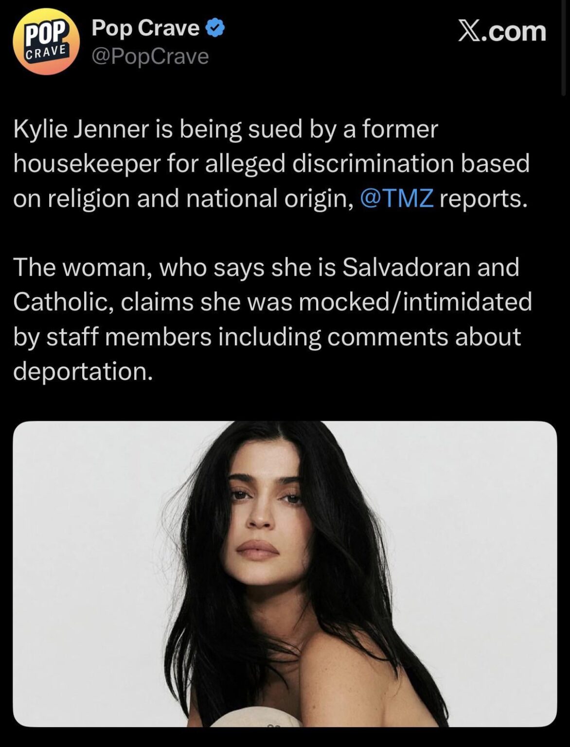 Kylie Jenner is being sued by a former housekeeper for alleged discrimination based on religion and national origin. The woman, who says she is Salvadoran and Catholic, claims she was mocked/intimidated by staff members including comments about deportation.