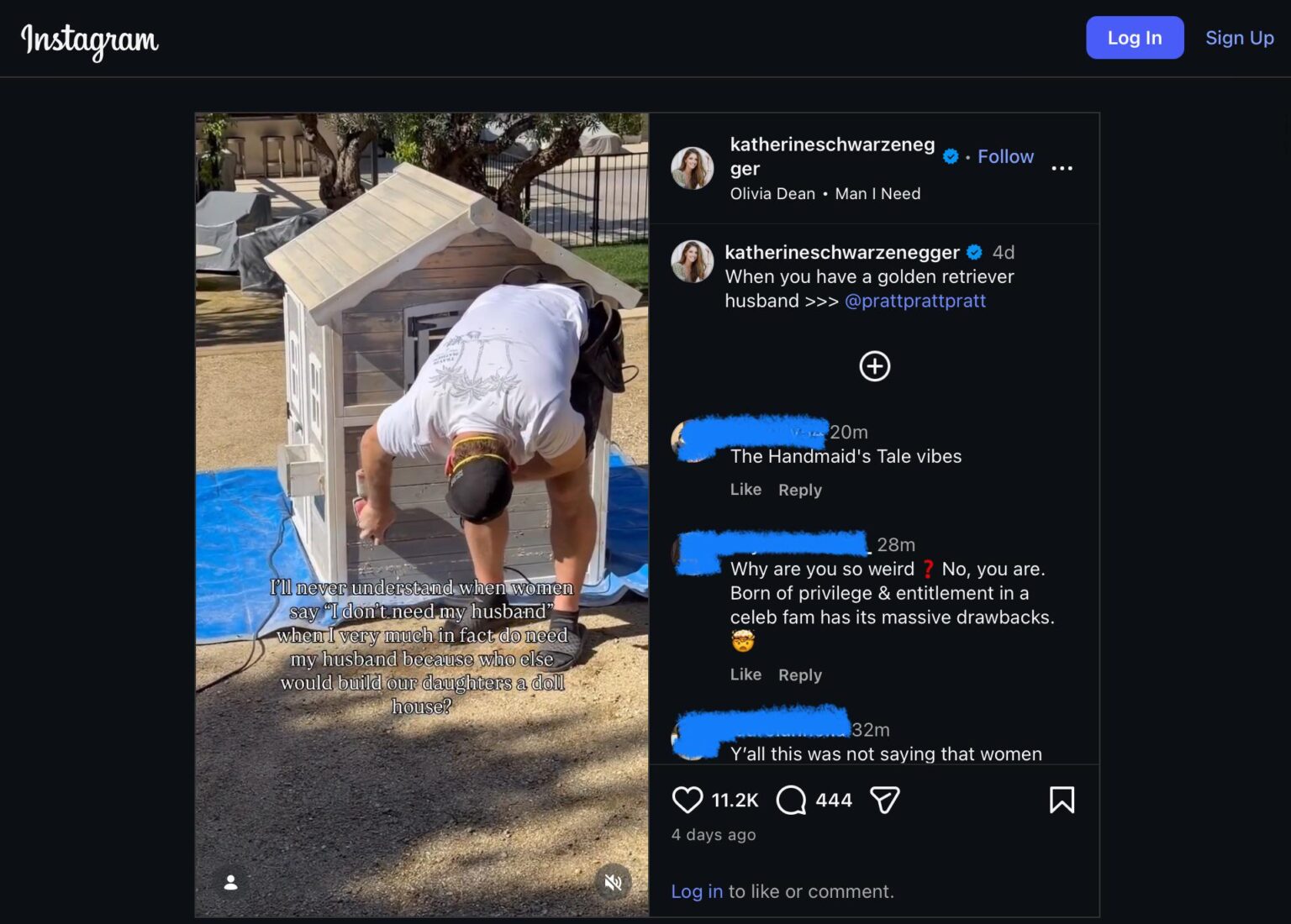 Katherine Schwarzenegger posts video of Chris Pratt building a dollhouse on IG: “I’ll never understand when women say ‘I don’t need my husband’ when I very much in fact do need my husband because who else would build our daughters a dollhouse?”