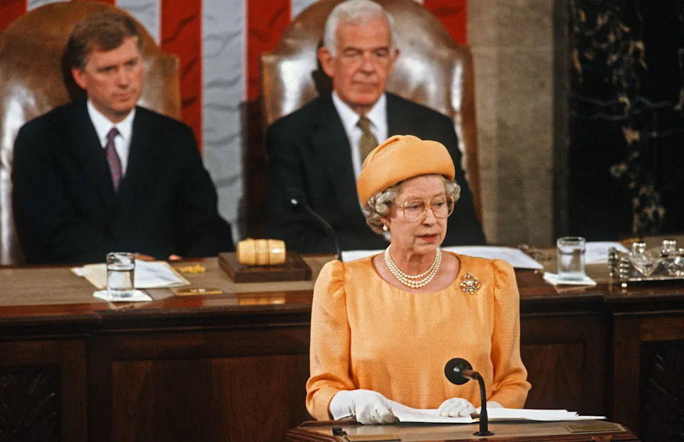 Queen Elizabeth II addresses a Joint Session of the Congress in the House Chamber at the U.S. Capitol in 1991.