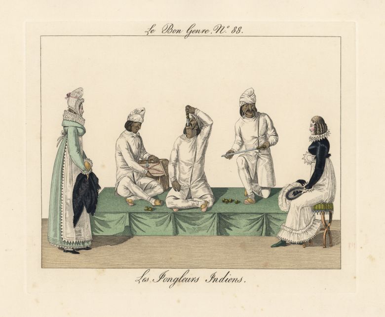 A hand-colored engraving of a sword swallower sticking an 18-inch weapon down his throat in Paris, 1817.