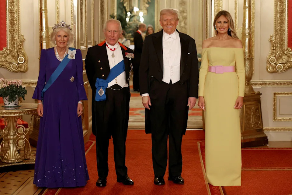 Queen Camilla, King Charles, President Trump and first lady Melania Trump pose for a family photo at the State Banquet at Windsor Castle in England during a State visit.
