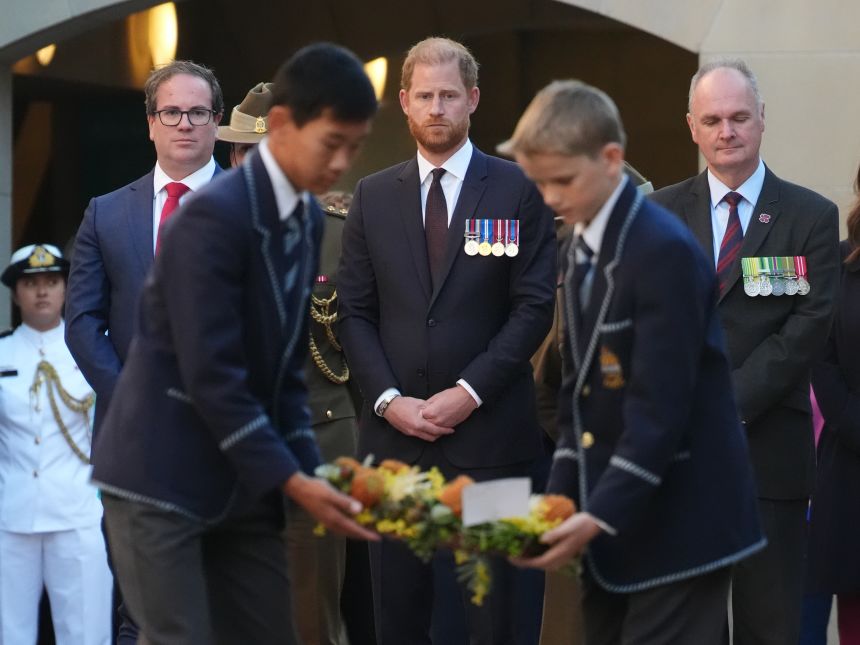 Prince Harry, Duke of Sussex, observes wreath laying during the Last Post Ceremony at the Australian War Memorial on April 15, 2026 in Canberra, Australia.