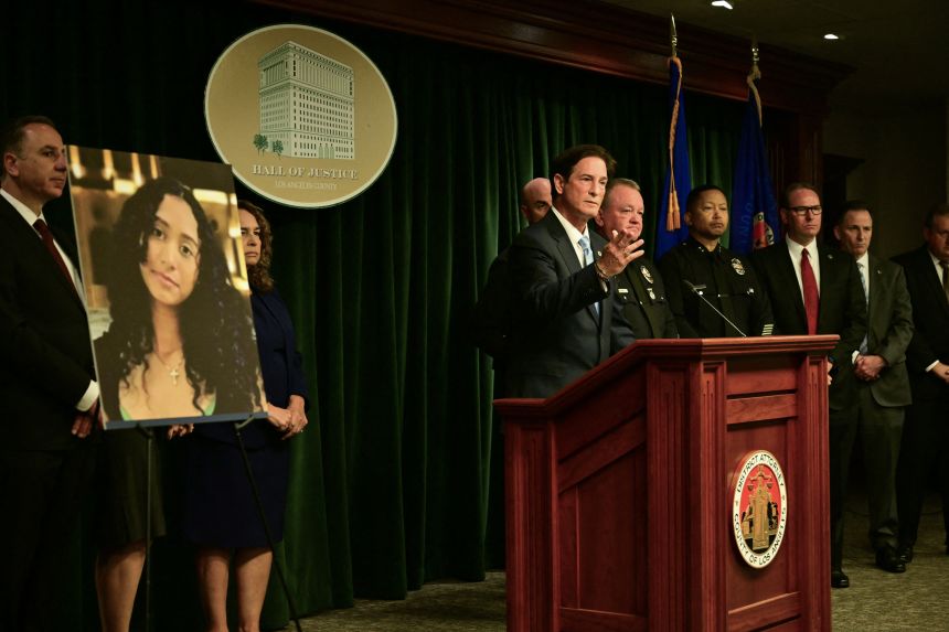 Los Angeles County District Attorney Nathan J. Hochman and LAPD Chief Jim McDonnell announce charges against singer d4vd in Los Angeles on Monday.
