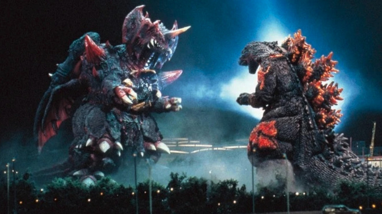 Destoroyah and Godzilla charge at each other on a smoky night in Godzilla vs. Destoroyah