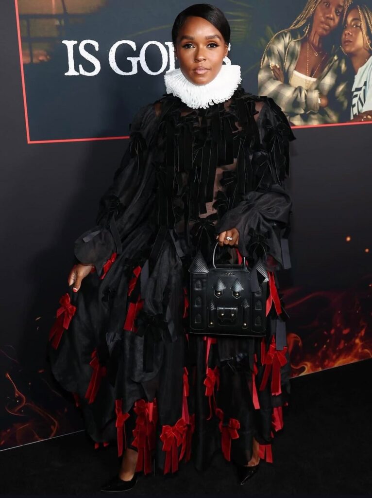"Is God Is" star Janelle Monae attended the New York premiere wearing the Adobi Transylvania dress with the Castle bag (April 27, 2026)