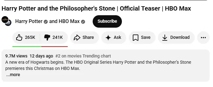 harry potter trailer dilikes youtube