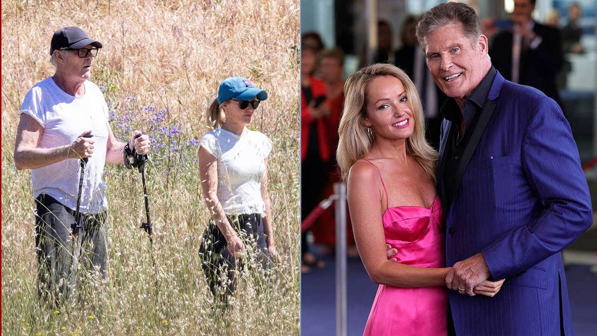 A split of David Hasselhoff and Hayley Roberts hiking and David and Hayley on the red carpet