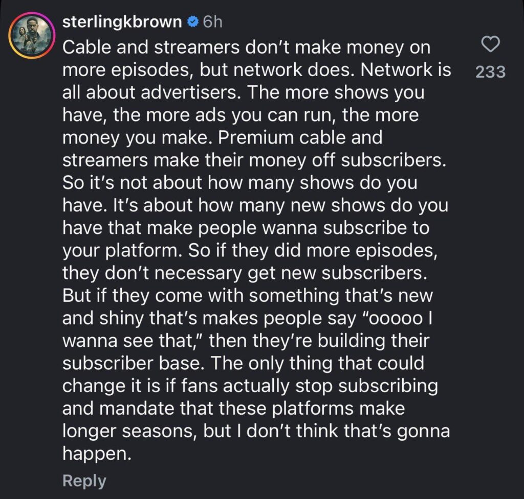 Sterling K. Brown on why so many new seasons of TV consist of only 8-10 episodes