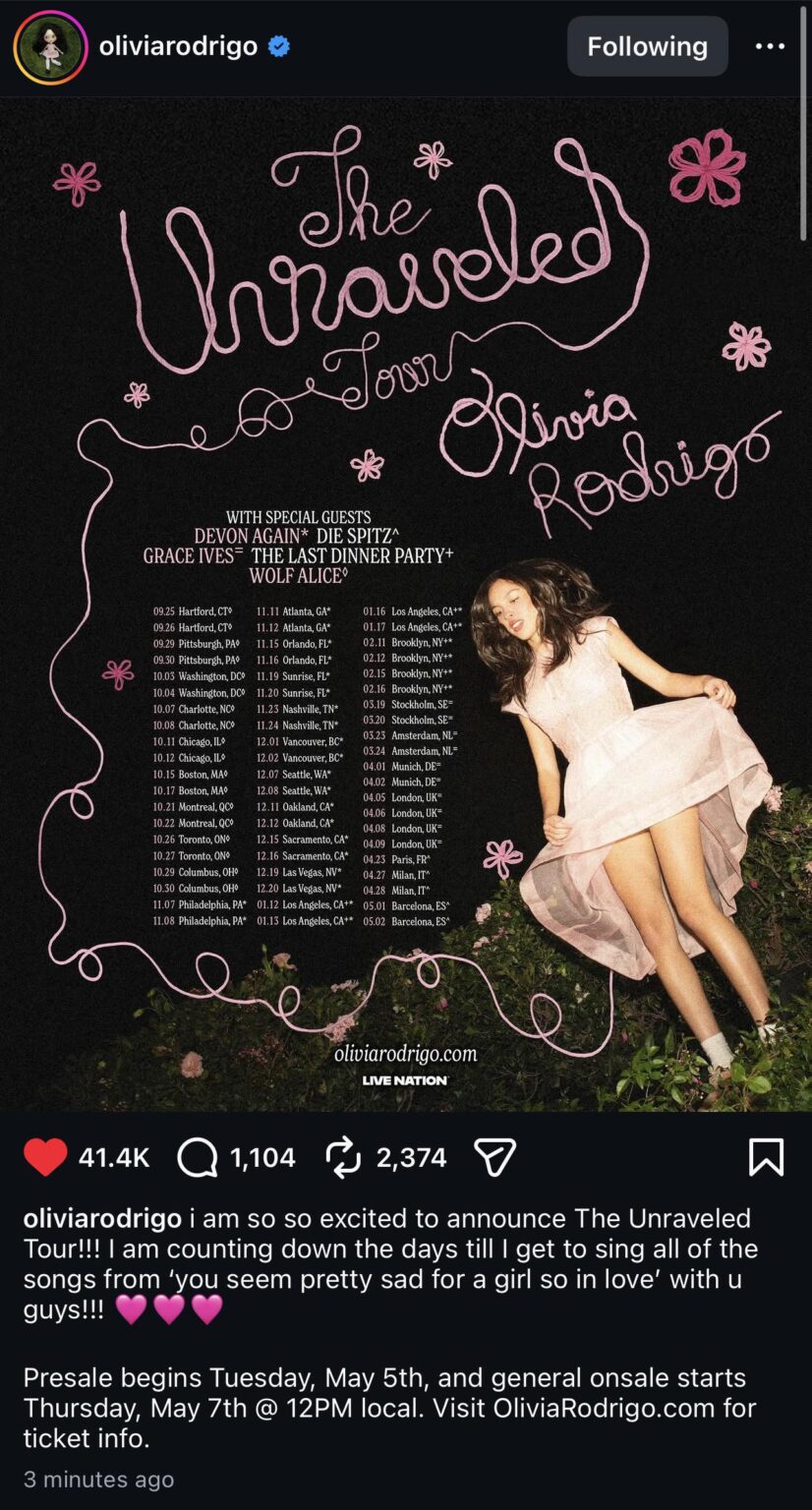 Olivia Rodrigo officially announces “The Unraveled Tour” Olivia Rodrigo officially announces “The Unraveled Tour”