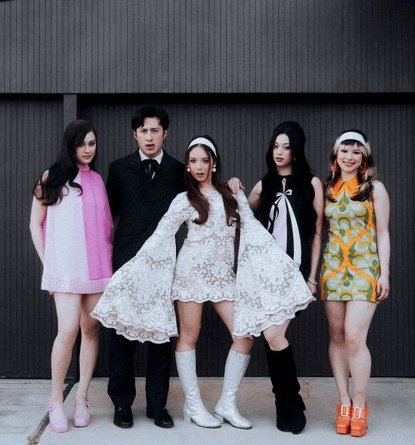 Laufey, Hudson Williams, Alysa Liu, Lola Tung and Megan Skiendiel on the set of “madwoman” music video