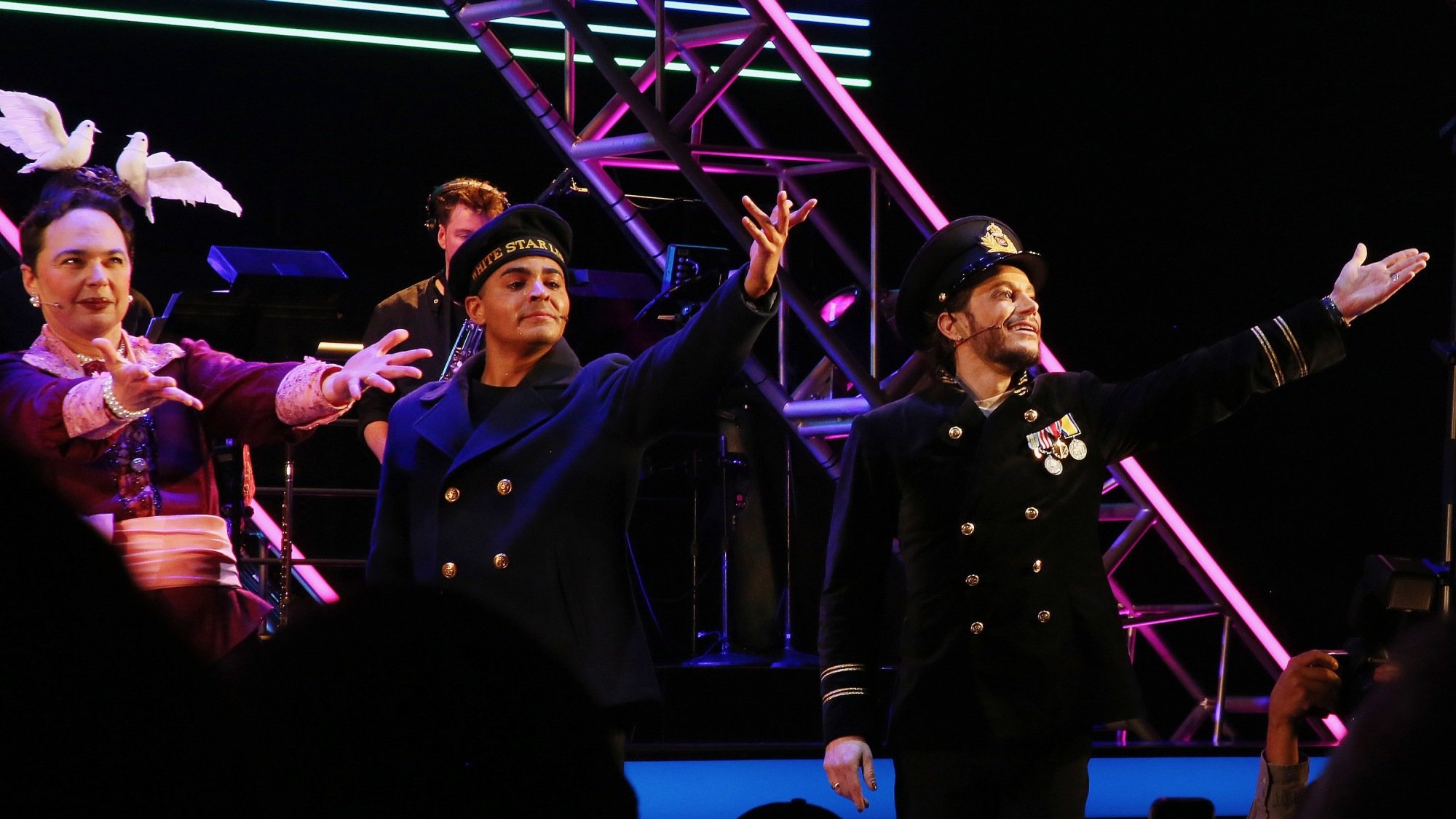 Jim Parsons as Ruth Dewitt Bukater, Layton Williams as The Iceberg, and Frankie Grande as Victor Garber during the curtain call for 
