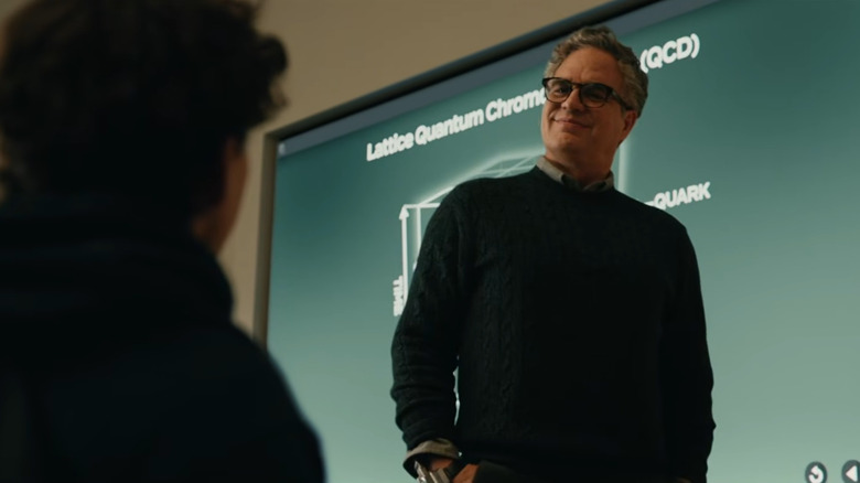 Tom Holland as Peter Parker sitting opposite of Mark Ruffalo as Bruce Banner in a college classroom in Spider-Man: Brand New Day