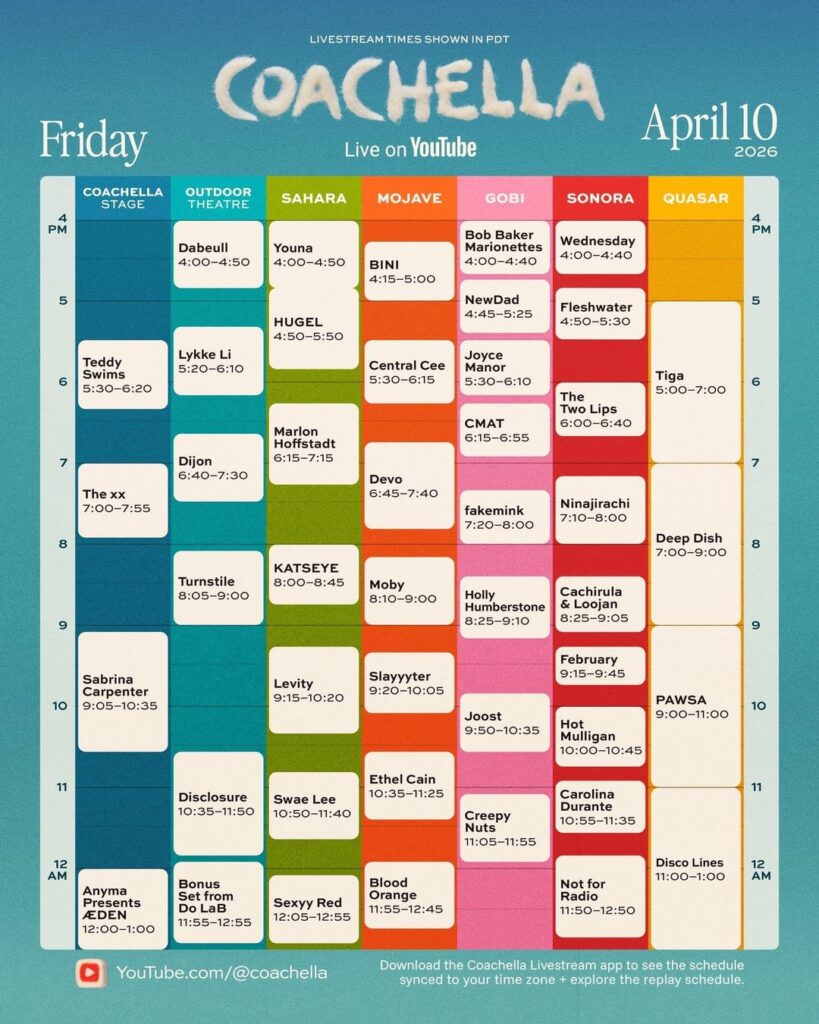 Coachella’s livestream schedule for Weekend 1. This year, all 7 stages will be livestreamed simultaneously, with the Coachella Stage, Outdoor Theatre, and Sahara available in 4K. Viewers will have the option to stream up to 4 performances simultaneously in a 4x4 grid multi-view format