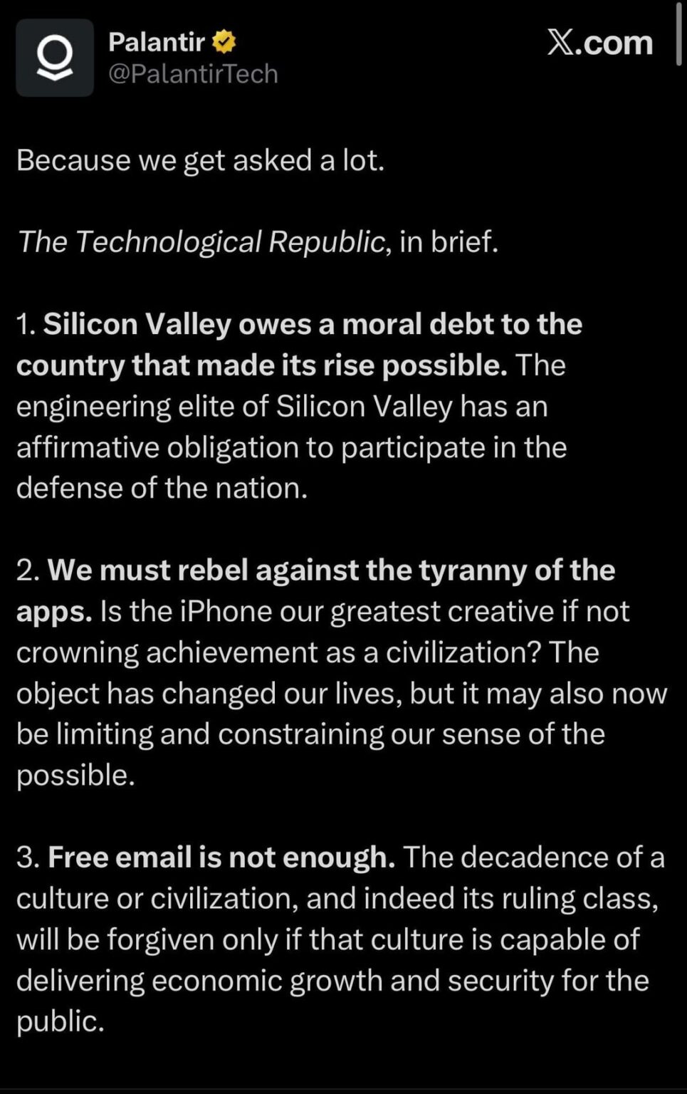 Palantir ( CEO Alex Karp) posts mini-manifesto denouncing inclusivity and ‘regressive’ cultures