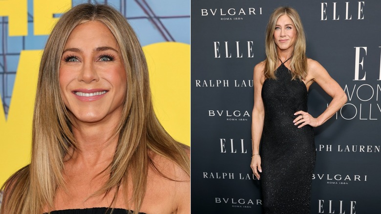 A close-up of Jennifer Aniston smiling and a photo of her posing at a red carpet