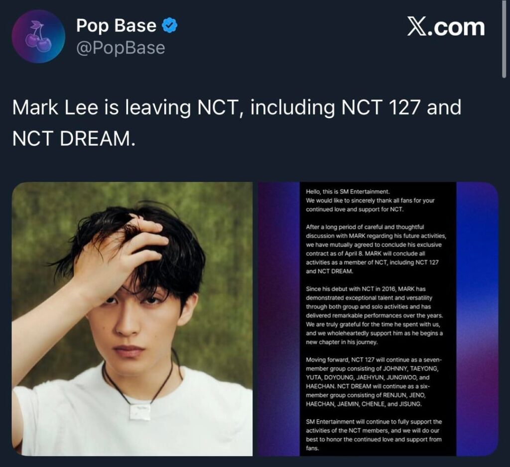 Mark Lee is leaving NCT, including NCT 127 and NCT Dream