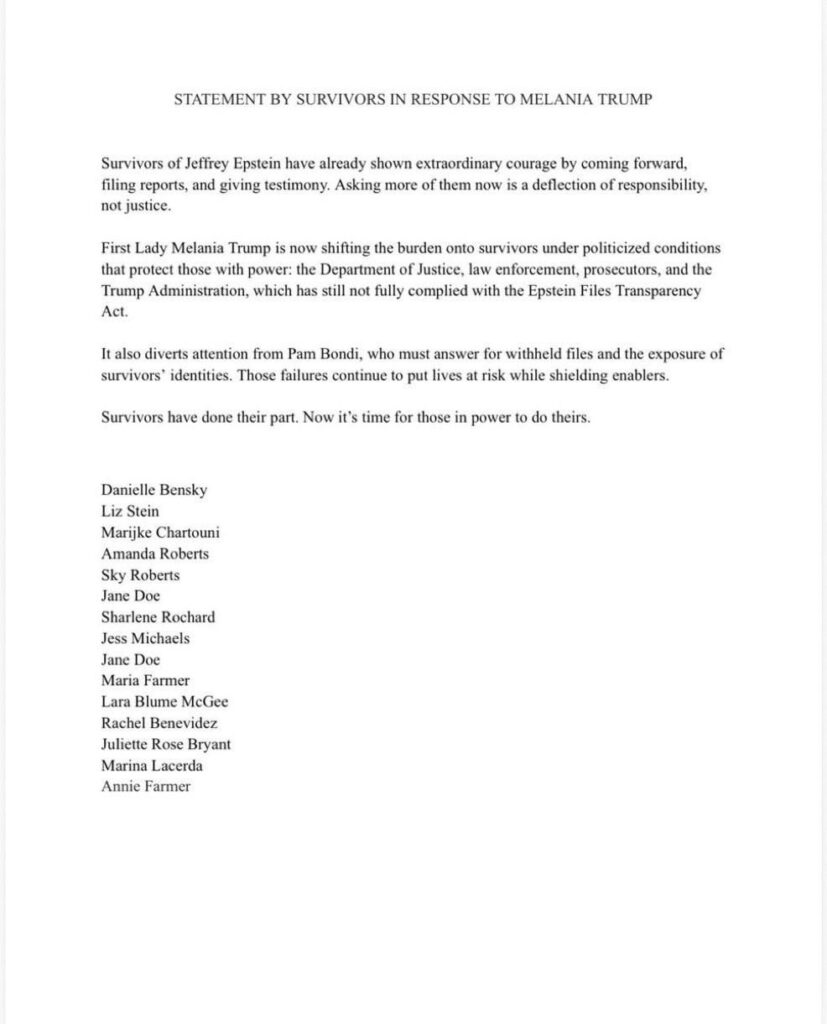 Statement by Epstein survivors in response to Melania Trump: “Survivors have done their part. Now it's time for those in power to do theirs.”
